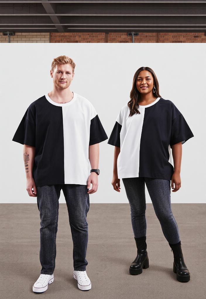 Block Unisex Round Neck Black T Shirt Twin Color